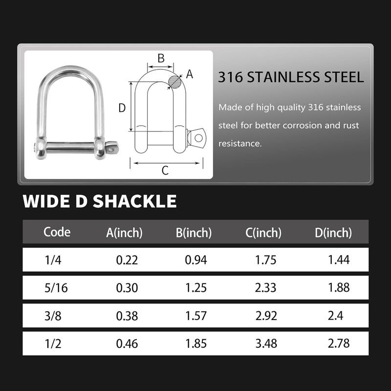 Laorde Marine Grade 316 Stainless Steel Wide D Shackle, 1/2", 3/8", 5/16", 1/4", Clevis Anchor Shackle for Boat, Sailboat, Chain, Rigging Clasp - Image 4